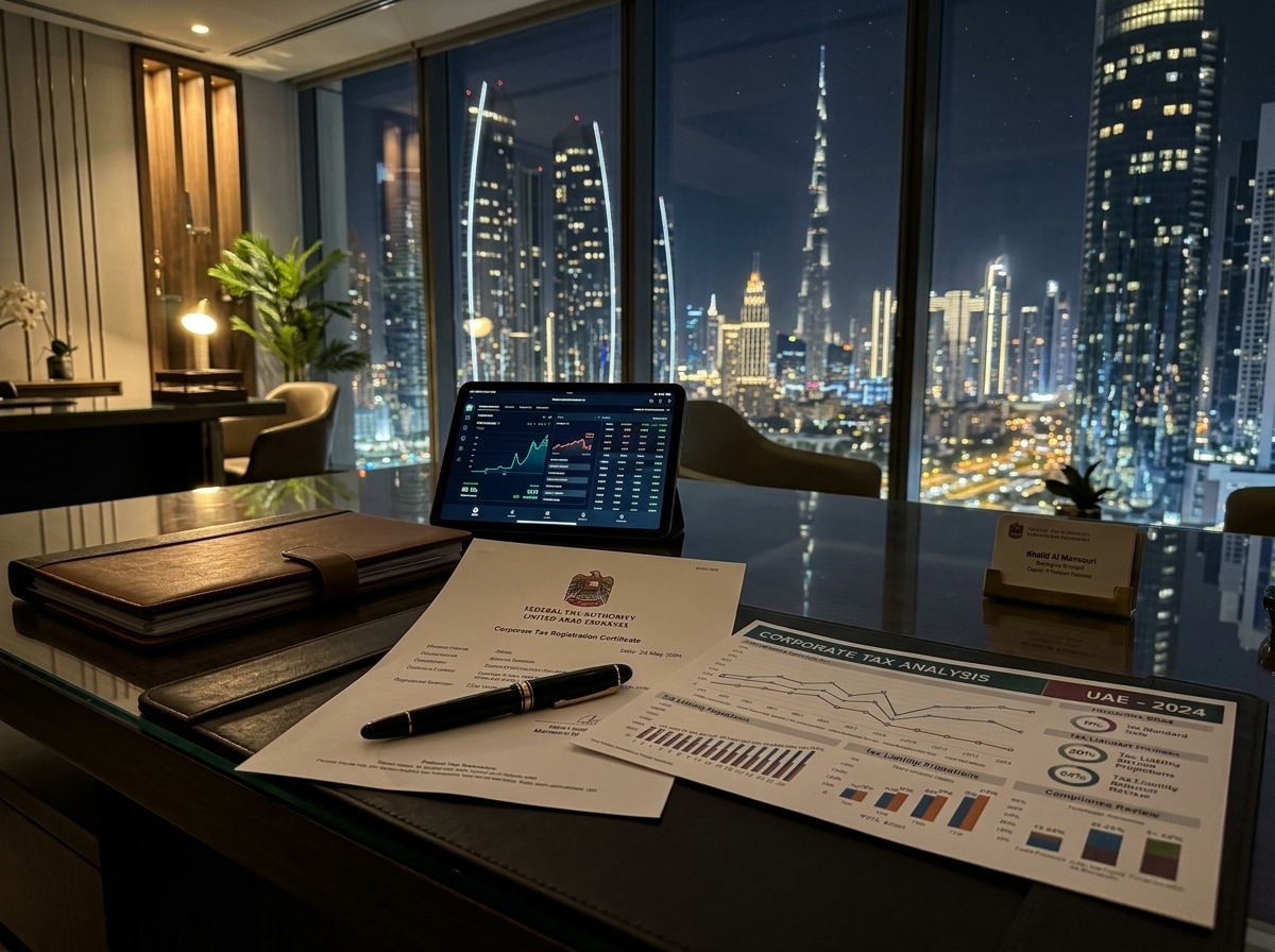 Official UAE Corporate Tax and FTA audit documents on executive desk