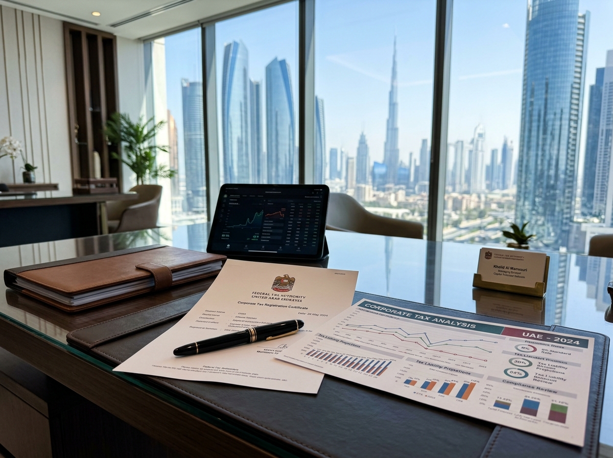 Official UAE Corporate Tax and FTA audit documents on executive desk