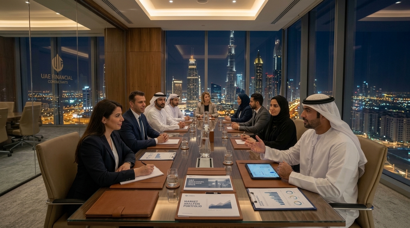 AK Global UAE Financial Advisory Executive Night Boardroom overlooking illuminated Dubai skyline